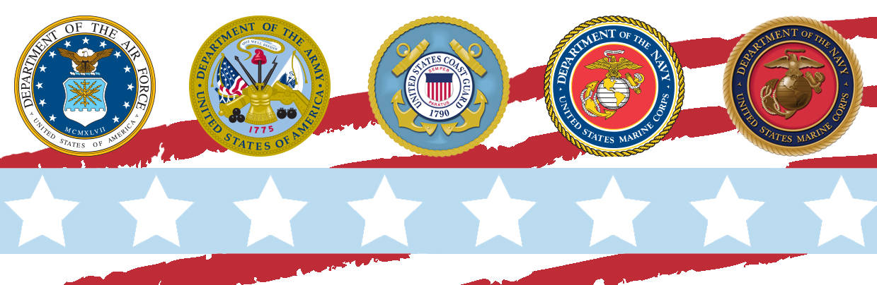 U.S. Armed Forces badges displayed over a starts and stripes backgroud